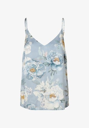 Lyseblå blomster-camisole med tynde stropper, prydet med store hvide og blå pæonblomster med grønne blade og gule centre.