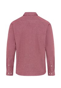 Camicia a maniche lunghe a motivi a quadretti rossi e bianchi, mostrata dal retro, con polsini abbottonati e colletto classico.