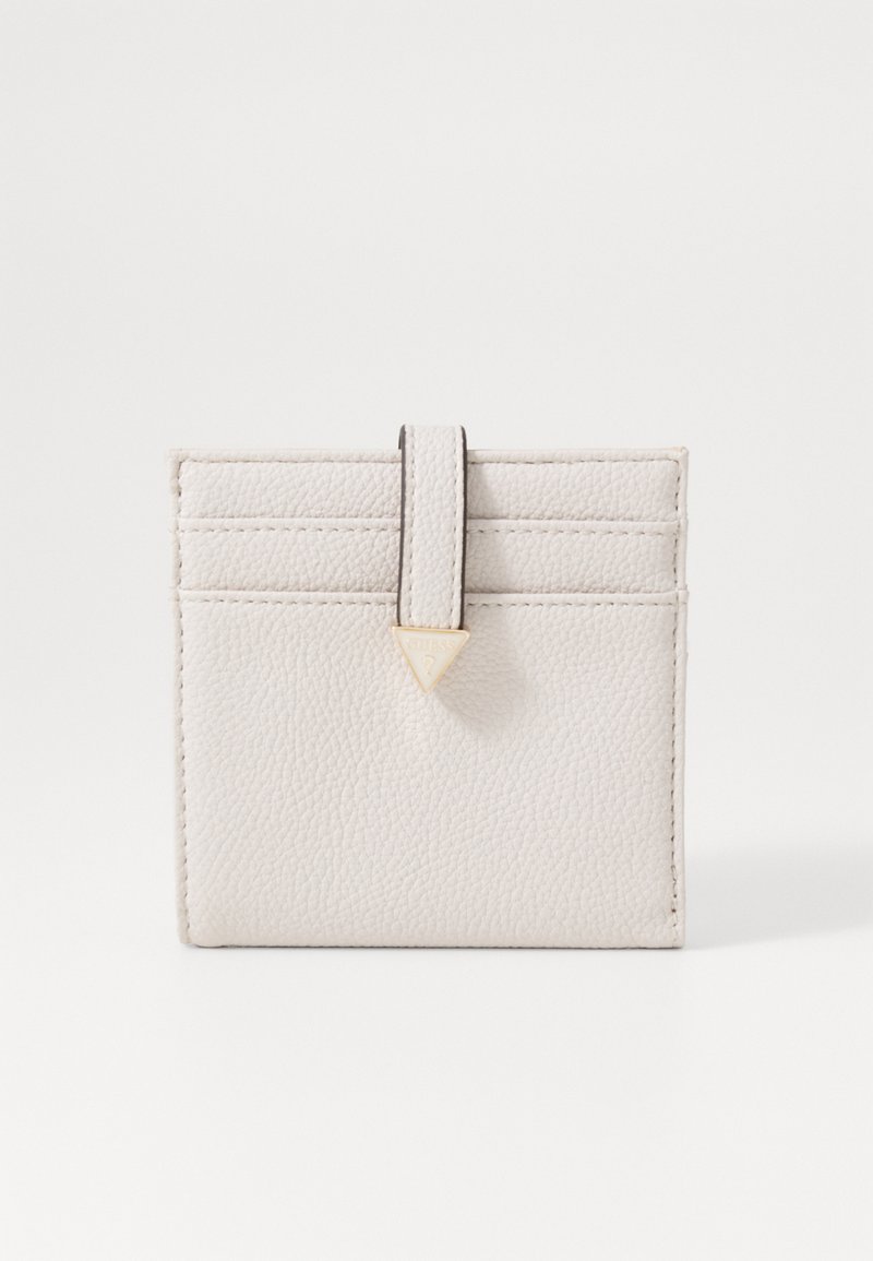 Leather cardholder in light gray, featuring multiple card slots, a central strap, and a small triangular gold logo accent.