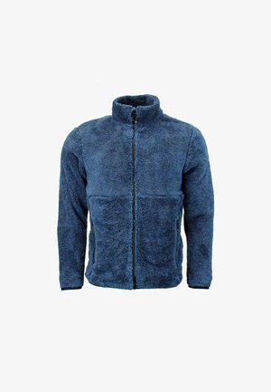 Veste en polaire bleue avec col haut, fermeture éclair et deux poches latérales. Texture douce et apparence légèrement duveteuse, design décontracté.