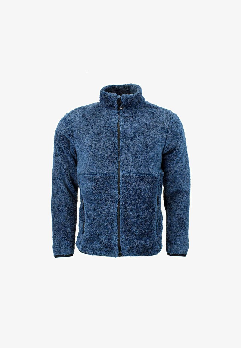 Veste en polaire bleue avec col haut, fermeture éclair et deux poches latérales. Texture douce et apparence légèrement duveteuse, design décontracté.
