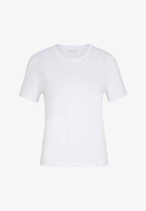 Weißes Baumwoll-T-Shirt mit kurzen Ärmeln, Rundhalsausschnitt und lässiger Passform. Merkmale sind eine glatte Textur und ein minimalistisches Design ohne sichtbare Muster.
