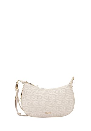 Borsa a tracolla beige a mezzaluna con motivo geometrico traforato, dettagli in metallo color oro, tracolla regolabile e piccolo logo LIU JO dorato sulla parte anteriore.