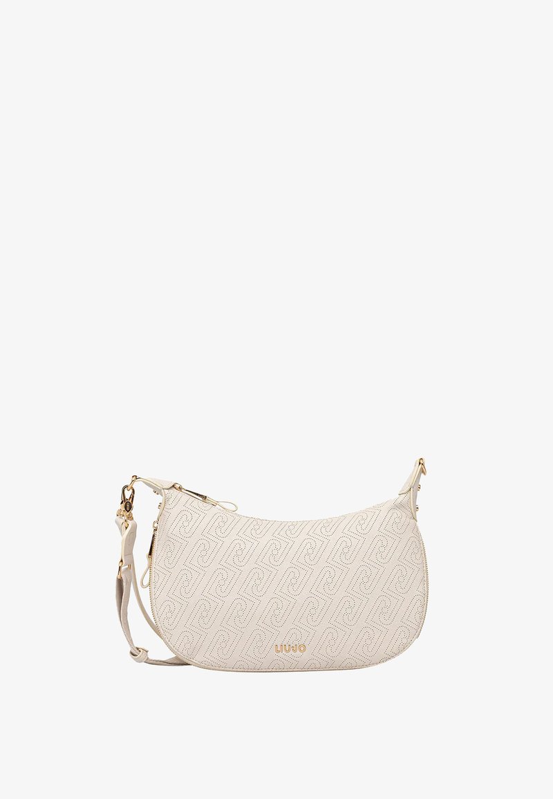 Bolso de hombro beige en forma de media luna con patrón geométrico perforado, herrajes dorados, correa ajustable y pequeño logo dorado de LIU JO en la parte frontal.