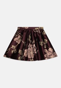 Bred flared skjørt laget av sateng i dyp burgunder, med store blomster mønstre i lys rosa og grønn, med innsamlet midje.