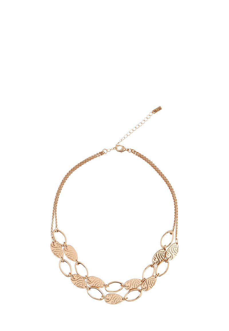 Gold-tone necklace featuring textured leaf-shaped links and smooth oval links, with an adjustable chain closure for length customization.