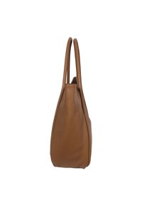 Brown leather tote bag with a smooth texture, elongated shape, and two long handles. Features a minimalistic design with no visible hardware.