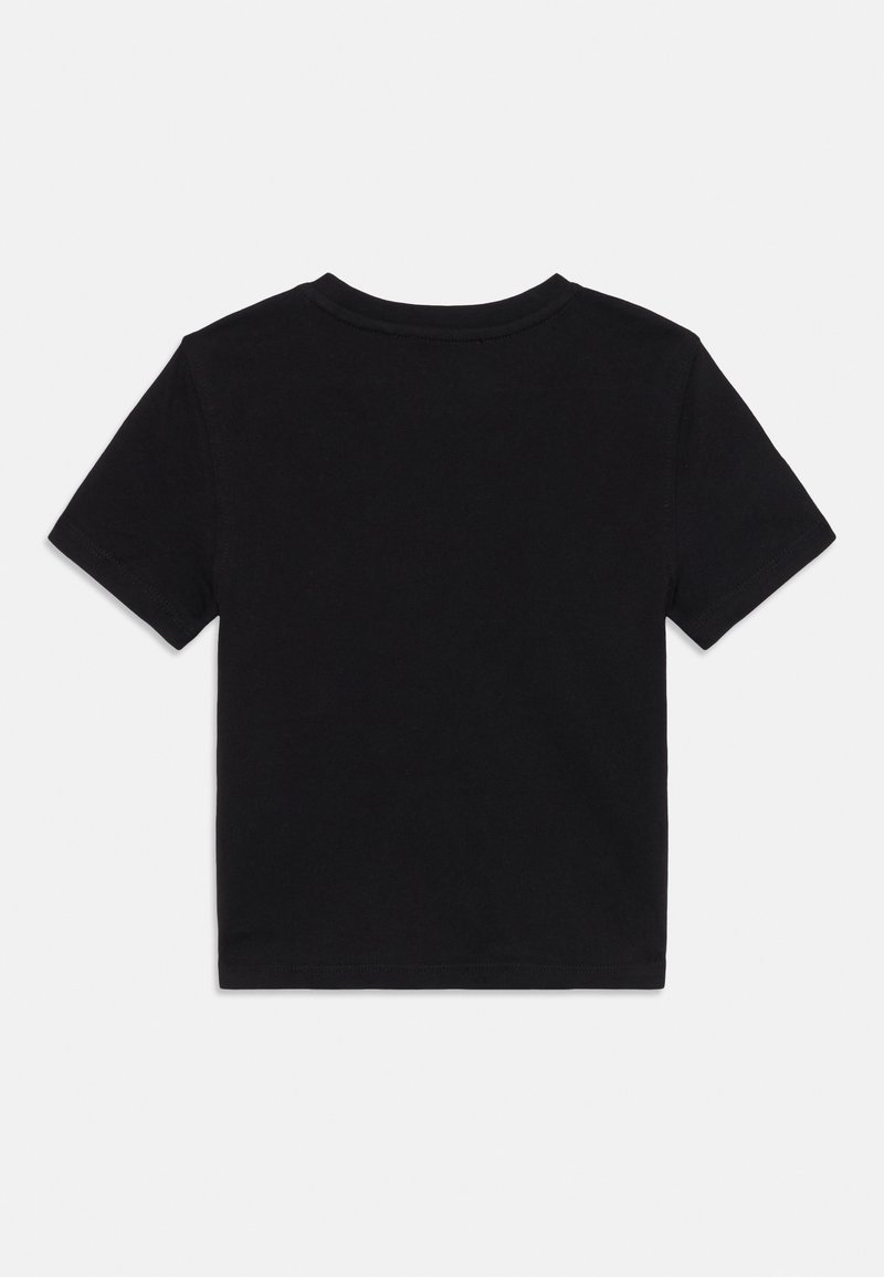T-shirt nera a maniche corte con collo tondo, vista dal retro, con un design semplice e senza decorazioni su sfondo bianco.