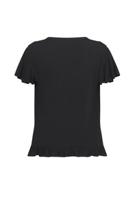 Sort kortærmet t-shirt med volangærmer og volangkant. Glat stof med en afslappet pasform og rund halsudskæring.