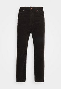 Pantaloni in corduroy neri con taglio dritto, dotati di chiusura con bottone e cinque tasche, che presentano una texture a coste verticali.