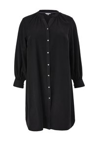 Robe chemise noire à manches longues avec boutonnage, au col et aux poignets froncés, dotée de boutons blancs sur le devant.