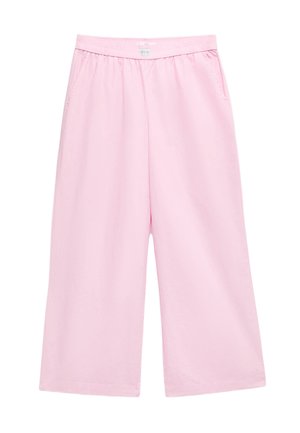 Løse, lyserøde bukser med vide ben, elastisk talje og sidelommer, knælange.