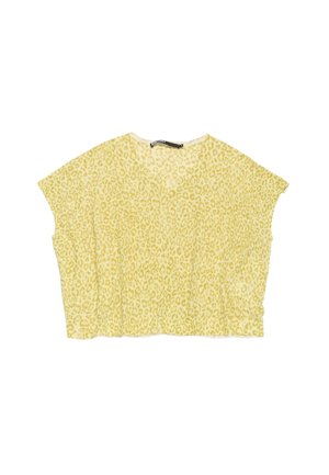 Top giallo a maniche corte con motivo leopardato, tessuto leggero e scollatura a V con vestibilità ampia.