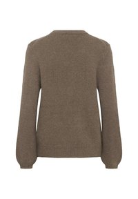 Pull en tricot marron à manches longues avec poignets, ourlet et col côtelés, vu de dos sur fond blanc.