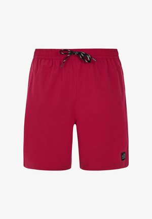 Raudoni maudymosi šortai su elastinga juosta, juodu virvute ir šoninėmis kišenėmis. Yra mažas juodas etiketė apatinėje kairėje pusėje.