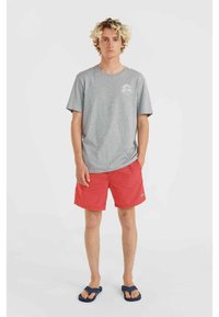 Camiseta de algodón gris con mangas cortas y un logo circular, combinada con un bañador rojo y chanclas negras. Atuendo sencillo y casual.