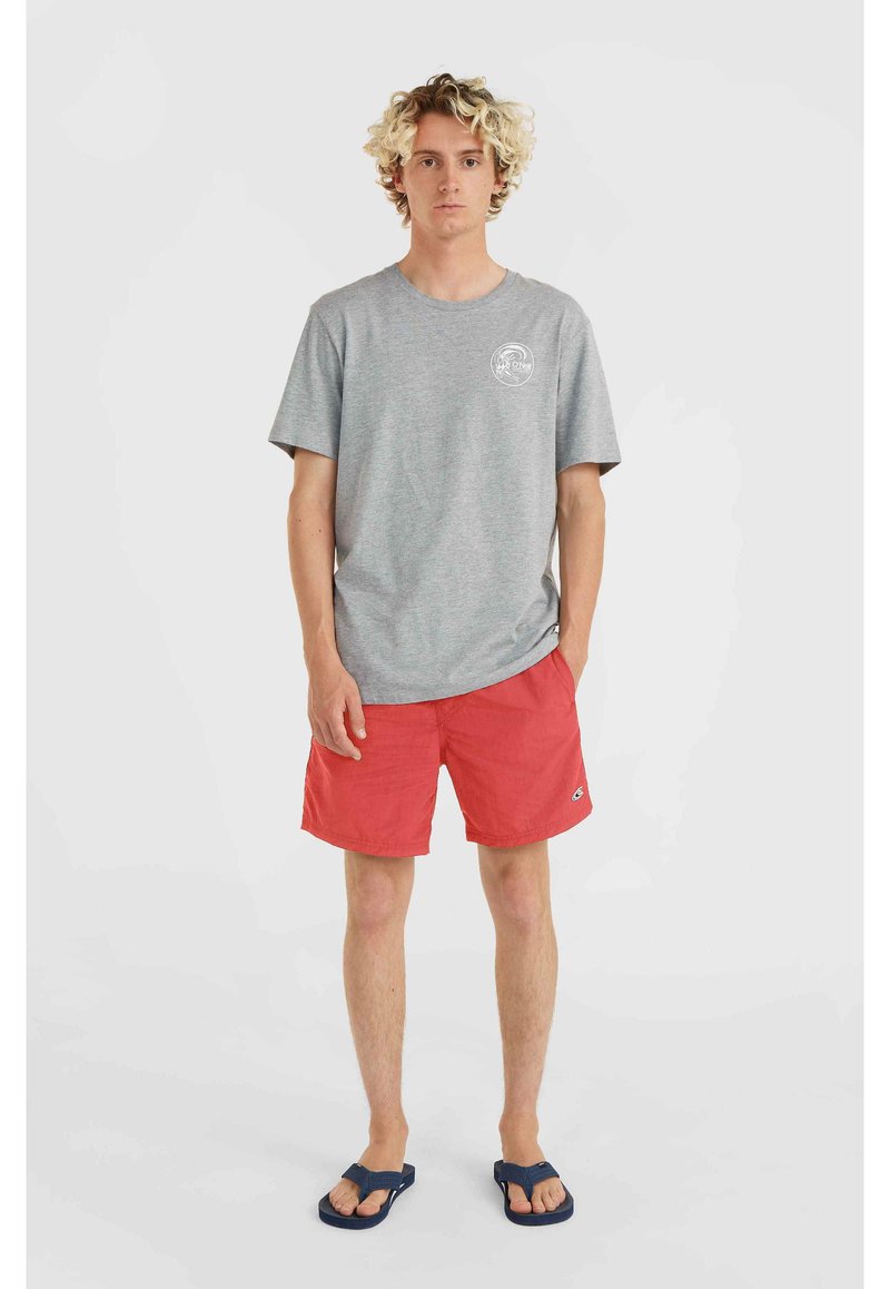 Camiseta de algodón gris con mangas cortas y un logo circular, combinada con un bañador rojo y chanclas negras. Atuendo sencillo y casual.