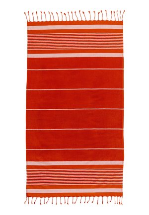 Red rectangular rug with light pink horizontal stripes, fringe on shorter edges, and alternating thick and thin lines near the ends.