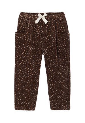 Braune corduroy Hosen mit vertikaler Rippstruktur, ausgestattet mit einem hellen Kordelzug und zwei seitlichen Taschen, dekoriert mit einem gesprenkelten Muster.