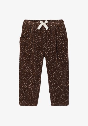 Braune corduroy Hosen mit vertikaler Rippstruktur, ausgestattet mit einem hellen Kordelzug und zwei seitlichen Taschen, dekoriert mit einem gesprenkelten Muster.