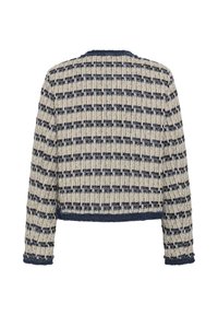 Pull en maille à manches longues avec motif à carreaux horizontaux bleu marine et beige, poignets, ourlet et col côtelés bleu marine, vu de dos.