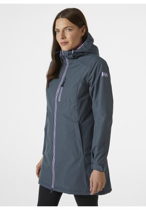 Water-resistant gray jacket with a hood, purple zipper and accents, featuring side pockets and a black chest pocket. Smooth texture.