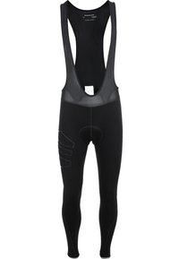 Schwarze Radfahr-Bibshorts mit oberem Teil aus atmungsaktivem Netzgewebe, gepolstertem Gesäßbereich und reflektierenden Akzenten an den Beinen für bessere Sichtbarkeit.