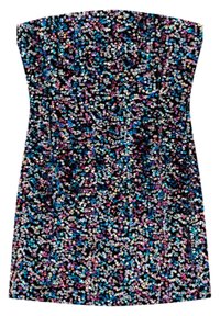 Robe courte noire bustier, densément recouverte de petits sequins brillants aux nuances irisées de bleu, rose, violet et argenté.