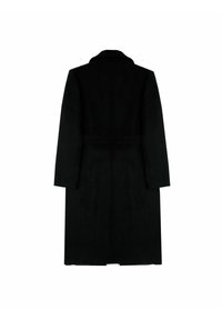 Czarny wełniany długi płaszcz z klasycznym kołnierzem, prostym krojem, bocznymi kieszeniami i paskiem w talii, charakteryzujący się gładką teksturą i minimalistycznym stylem.