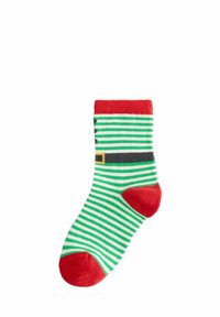 Calza a righe verdi e bianche con tallone e bordo rosso; presenta un design di cintura nera con fibbia dorata; materiale in cotone elastico.