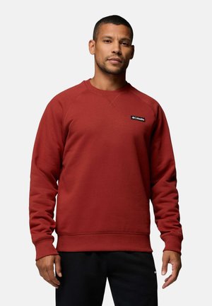 Mann trägt ein langärmeliges rotes Columbia-Sweatshirt und schwarze Hose, steht vor einem schlichten hellen Hintergrund.
