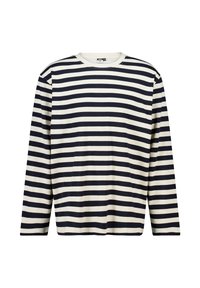 Marineblauw en crèmekleurig gestreepte blouse met lange mouwen, voorzien van een ronde halslijn en een ontspannen pasvorm, vervaardigd uit zachte katoenstof.