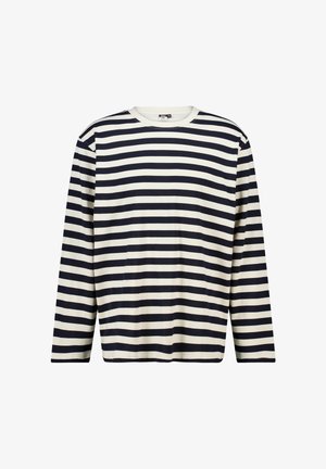 Marineblauw en crèmekleurig gestreepte blouse met lange mouwen, voorzien van een ronde halslijn en een ontspannen pasvorm, vervaardigd uit zachte katoenstof.