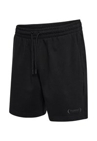 Zwarte sportshorts van zachte stof, met een elastische tailleband met verstelbaar trekkoord, en een bedrukte merkl logo aan de zijkant.
