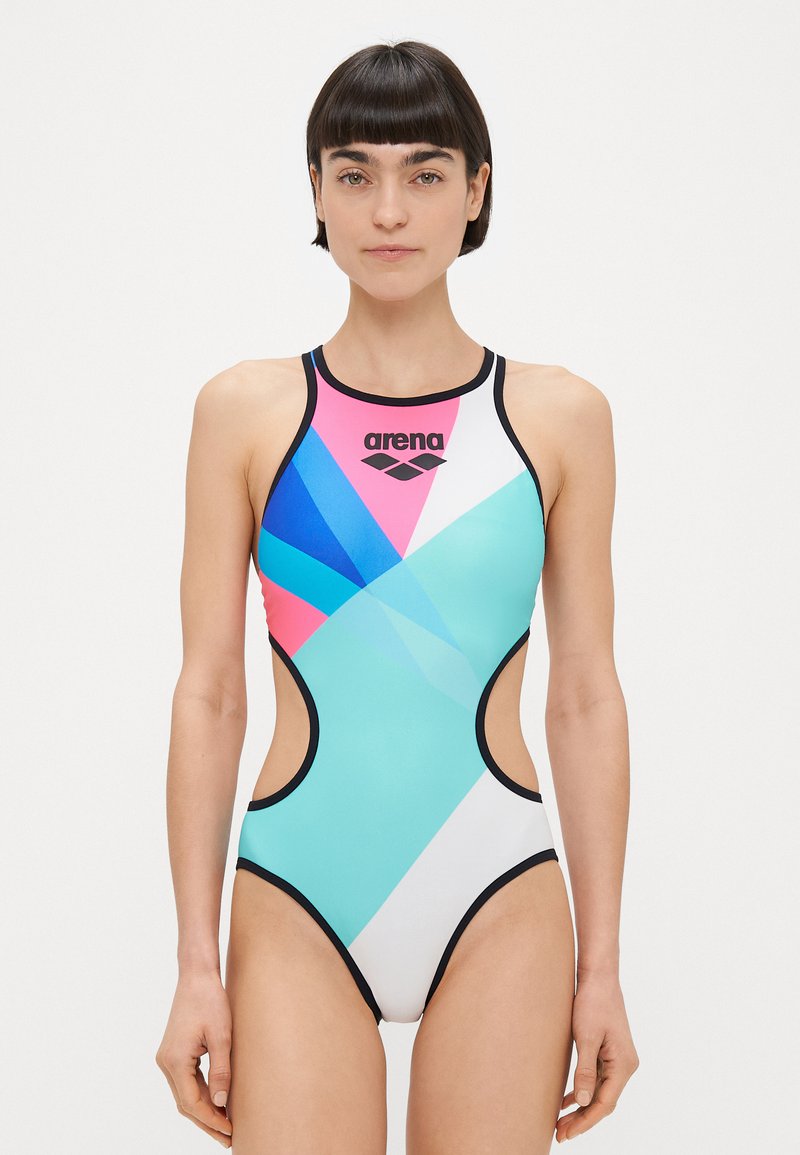 One-piece swimsuit in turquoise, pink, and blue geometric patterns. Features cut-outs and black trim. Logo displayed on the chest.