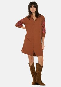 Robe marron à boutons avec des manches trois-quarts et broderies florales roses sur les manches ; associée à des bottes en suède marron montantes jusqu'au genou.