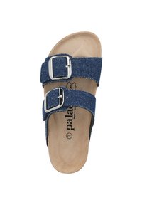 Blauwe denim slidensandalen met twee verstelbare zilveren gespen, tan suède voetbed en zool. Het label binnenin toont maat 37 en merkinformatie.