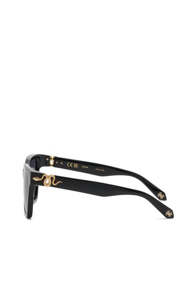 Lunettes de soleil rectangulaires noires avec détail serpent doré sur les branches et petits logos dorés aux extrémités, fabriquées en Italie.