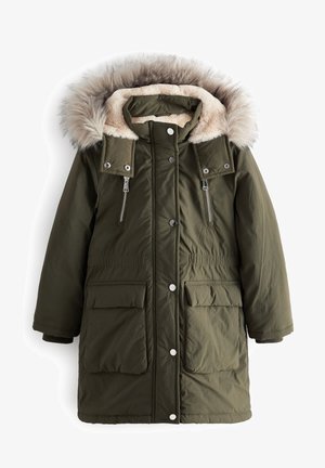 Oliivinvihreä parkatakki, jossa tekoturkisvuorattu huppu. Siinä on joustava vyötärö, pitkät hihat ja tyylikäs, sileä pinta.