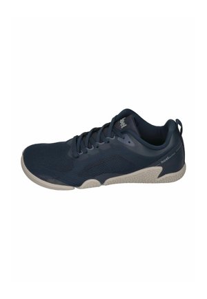 Dark blue athletic shoe with mesh upper, lace-up closure, beige flexible sole, and pull tab at heel.