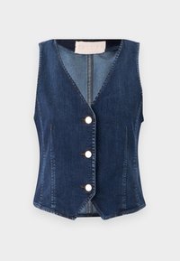 Denim vest in dark blue, featuring a V-neckline, five white buttons down the front, and a fitted silhouette with a slightly flared hem.