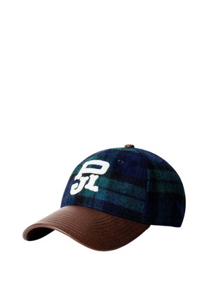 Cappellino da baseball in tessuto a quadri verde scuro e blu navy, visiera marrone testurizzata e lettere bianche stilizzate "P" e "J" sul pannello frontale.