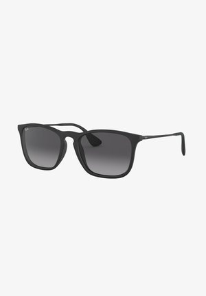 Occhiali da sole in plastica nera con lenti grigie sfumate, montatura quadrata e un design minimalista. Presentano sottili dettagli in metallo sulle astine.