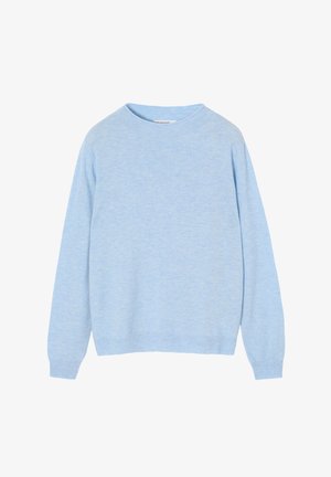 Pull en maille bleu clair avec un col rond, des manches longues et des poignets et un ourlet côtelés. Texture douce avec une teinte légèrement plus claire dans l'ensemble.