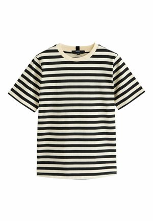 Black and white horizontal striped short-sleeve t-shirt with a cream-colored crew neckline.