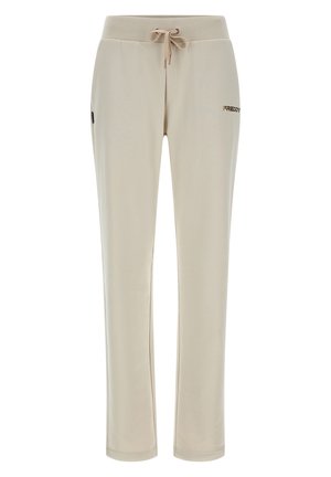 Beżowe spodnie dresowe ze ściągaczem, elastycznym pasem i małym logo na lewej uda, fason z prostymi nogawkami, styl casual.