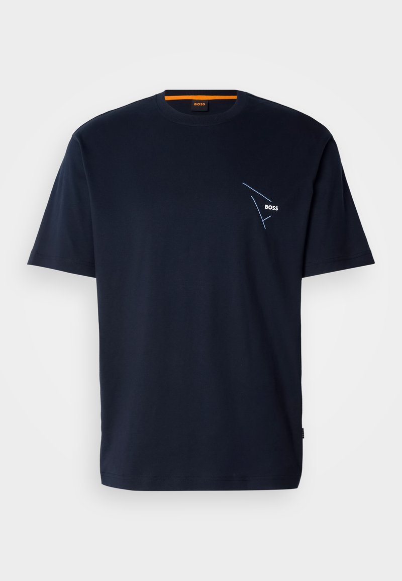 Camiseta de algodón azul marino con mangas cortas, cuello redondo y detalle de logo en blanco en la parte izquierda del pecho. Tejido suave. Corte regular.