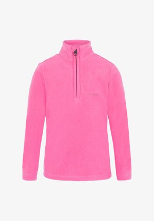Růžový fleecový svetr s vysokým límcem a polovičním zipem. Obsahuje malé logo na přední straně, vyrobený z měkké, texturované látky.