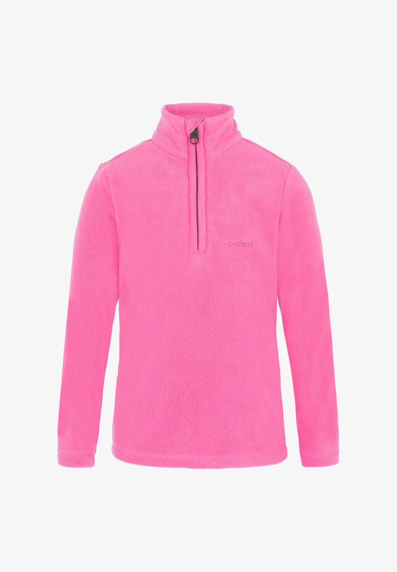 Pullover in pile rosa con colletto alto e chiusura a mezza zip. Presenta un piccolo logo sulla parte frontale, realizzato in un morbido tessuto testurizzato.