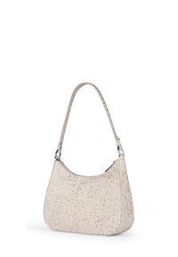 Beige crocodile-embossed leather shoulder bag with a curved silhouette, adjustable strap, and top zipper closure. Features silver-tone hardware.